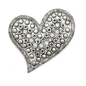 Vintage Chicos Heart Shaped Silver Rhinestone Brooch Pin Scarf Clip Signed